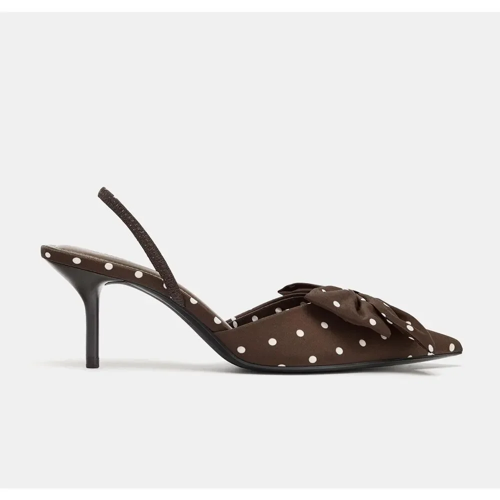 ZARA Polka Dot Bow Slingback Heels NWT Brown Pointed Toe Kitten Heel 6.5